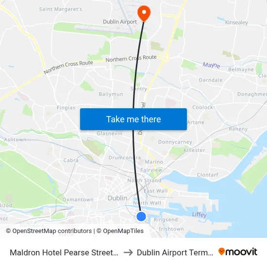 Maldron Hotel Pearse Street Dublin to Dublin Airport Terminal 2 map
