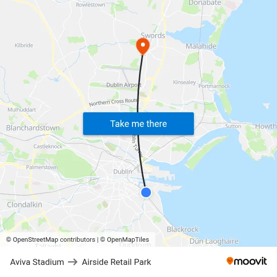 Aviva Stadium to Airside Retail Park map