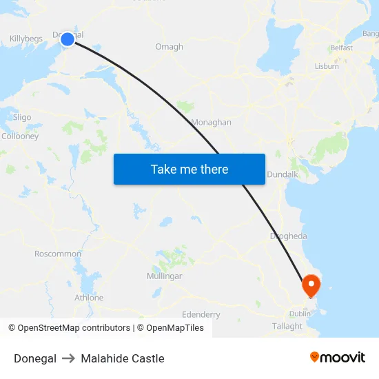 Donegal to Malahide Castle map