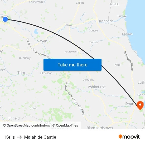 Kells to Malahide Castle map