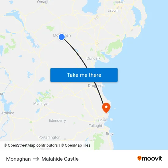 Monaghan to Malahide Castle map