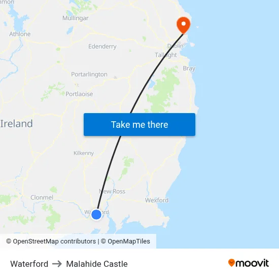 Waterford to Malahide Castle map