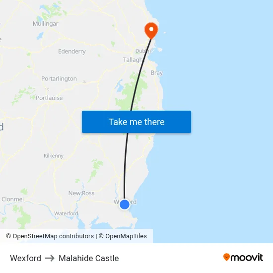 Wexford to Malahide Castle map