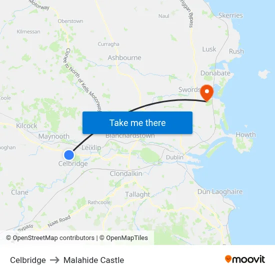 Celbridge to Malahide Castle map