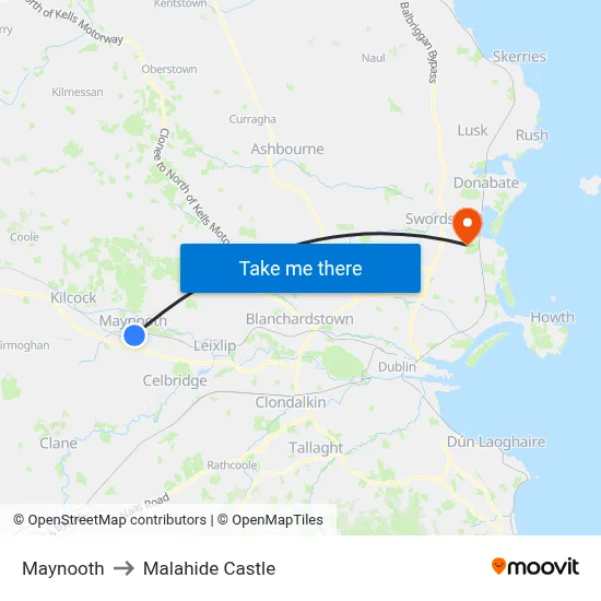 Maynooth to Malahide Castle map
