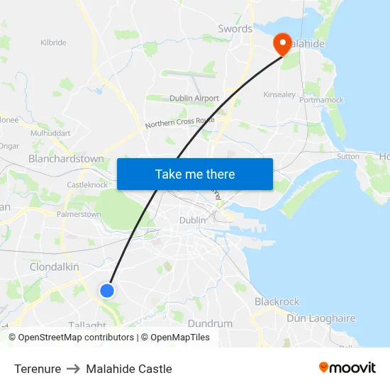 Terenure to Malahide Castle map