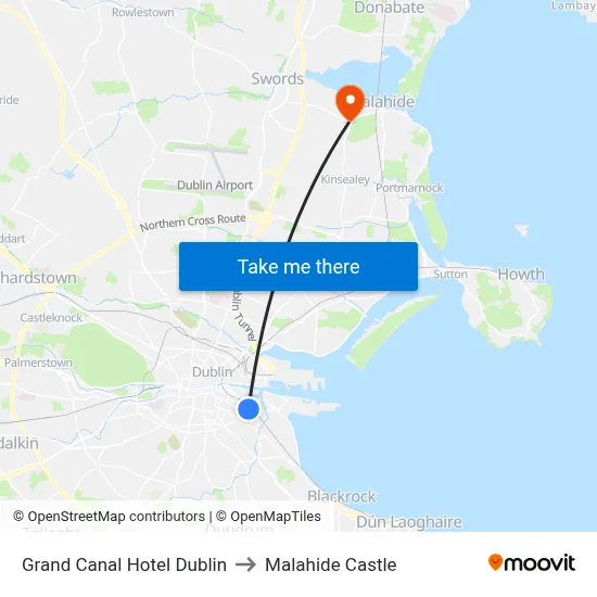 Grand Canal Hotel Dublin to Malahide Castle map