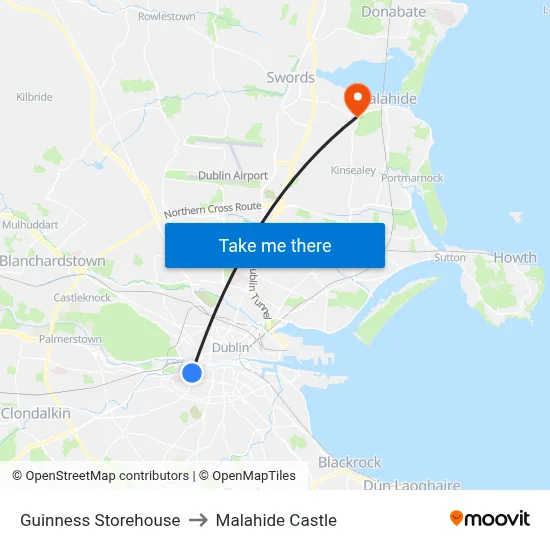 Guinness Storehouse to Malahide Castle map