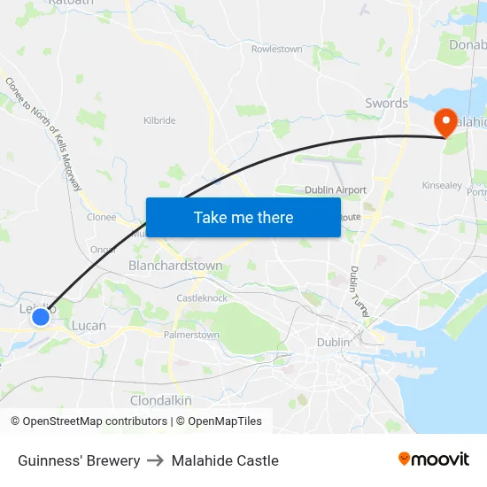 Guinness' Brewery to Malahide Castle map