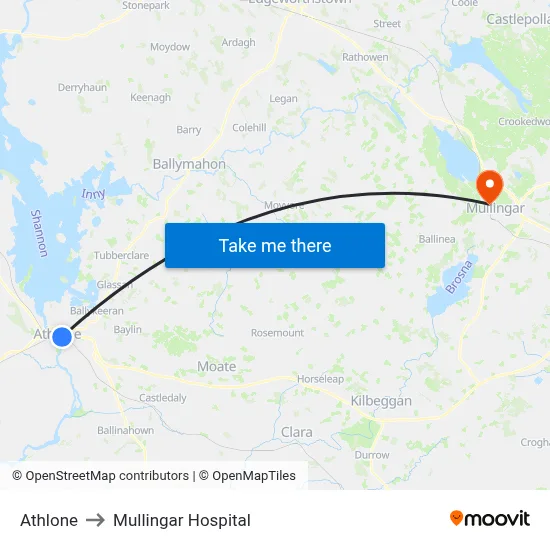 Athlone to Mullingar Hospital map