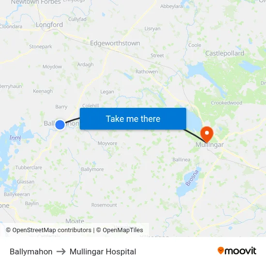 Ballymahon to Mullingar Hospital map