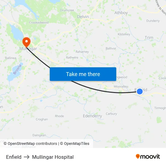 Enfield to Mullingar Hospital map