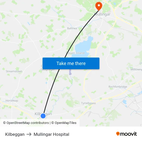 Kilbeggan to Mullingar Hospital map