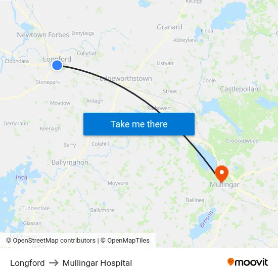 Longford to Mullingar Hospital map