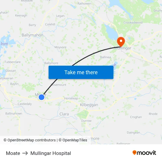 Moate to Mullingar Hospital map