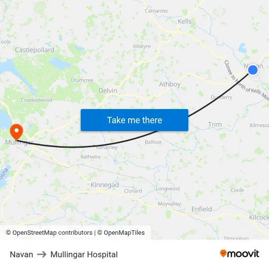 Navan to Mullingar Hospital map