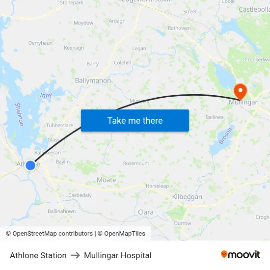 Athlone Station to Mullingar Hospital map