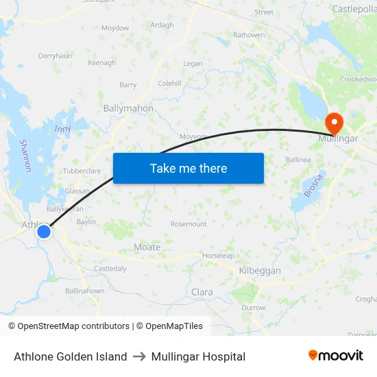 Athlone Golden Island to Mullingar Hospital map