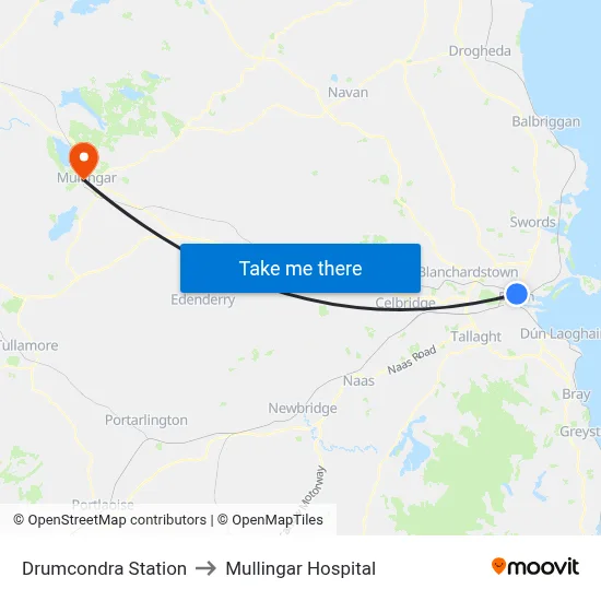 Drumcondra Station to Mullingar Hospital map