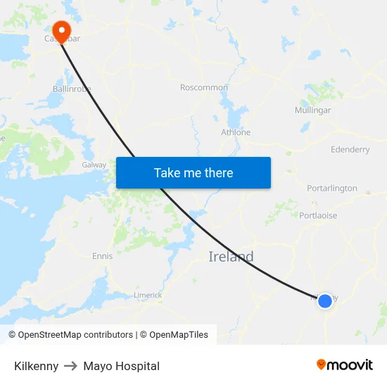 Kilkenny to Mayo Hospital map