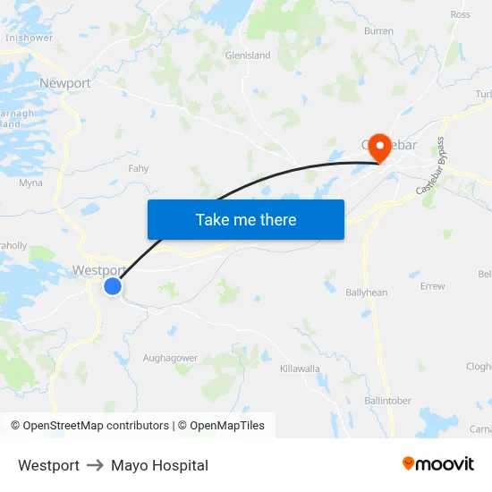 Westport to Mayo Hospital map
