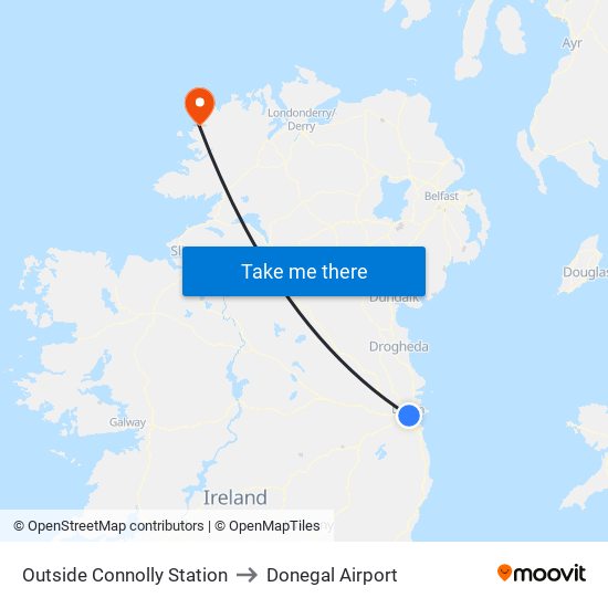 Outside Connolly Station to Donegal Airport map