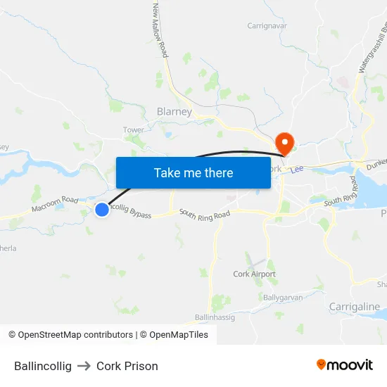 Ballincollig to Cork Prison map