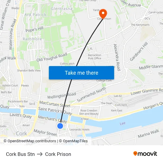 Cork Bus Stn to Cork Prison map