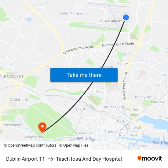 Dublin Airport T1 to Teach Iosa And Day Hospital map