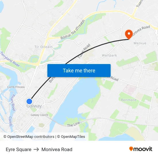 Eyre Square to Monivea Road map