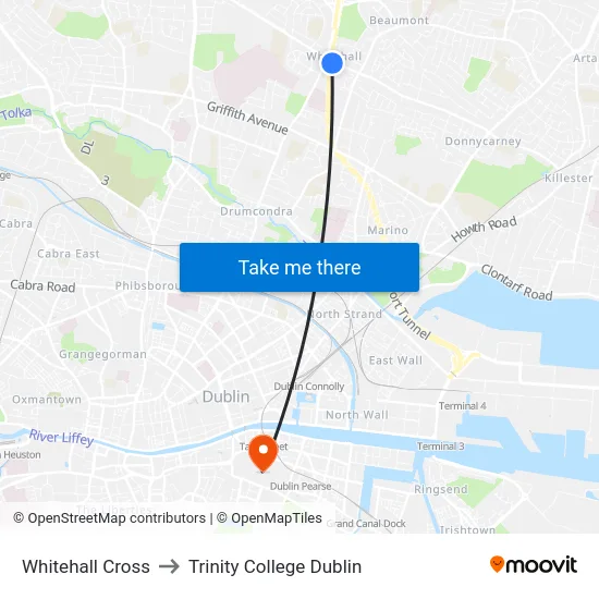 Whitehall Cross to Trinity College Dublin map