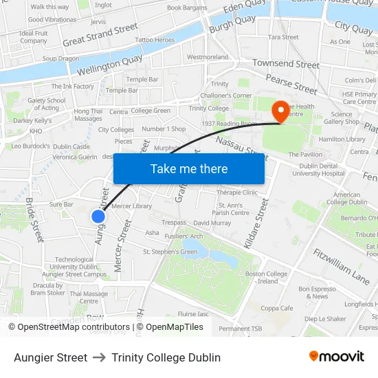 Aungier Street to Trinity College Dublin map