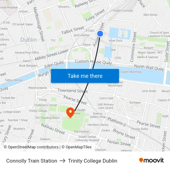 Connolly Train Station to Trinity College Dublin map