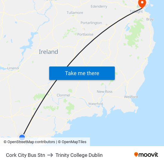 Cork City Bus Stn to Trinity College Dublin map