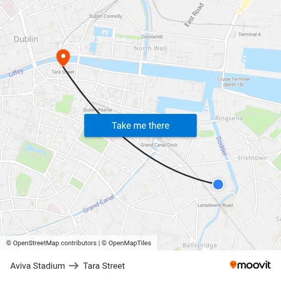 Aviva Stadium to Tara Street map