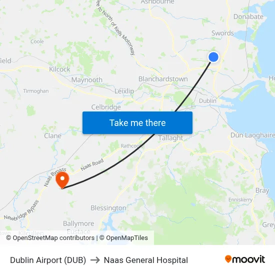 Dublin Airport (DUB) to Naas General Hospital map