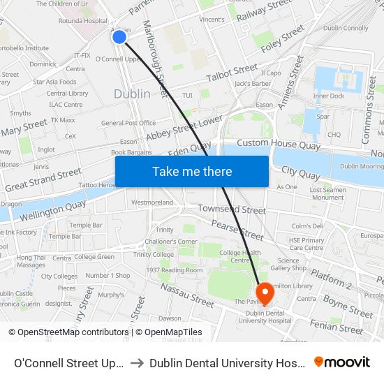O'Connell Street Upper to Dublin Dental University Hospital map