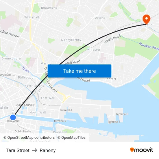 Tara Street to Raheny map