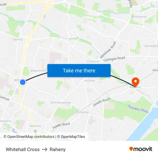 Whitehall Cross to Raheny map
