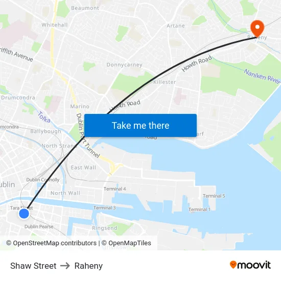 Shaw Street to Raheny map
