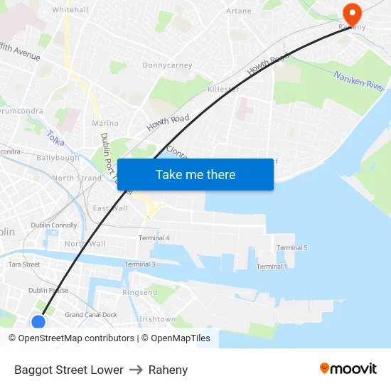 Baggot Street Lower to Raheny map