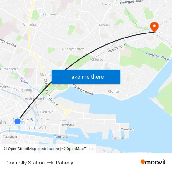 Connolly Station to Raheny map