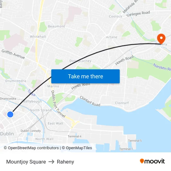 Mountjoy Square to Raheny map