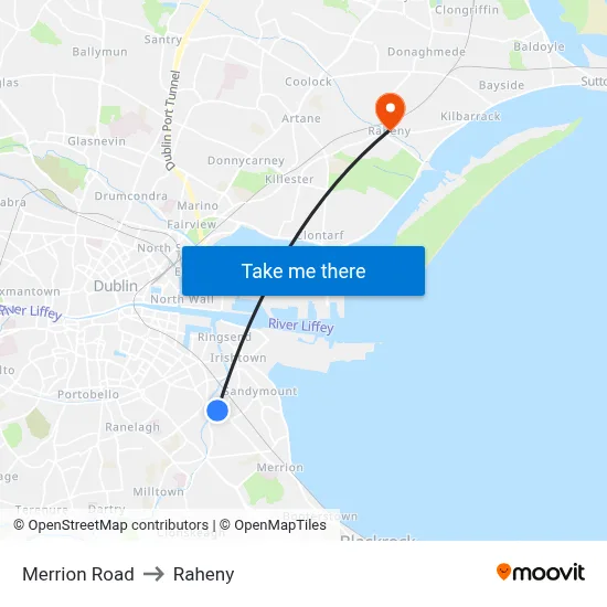 Merrion Road to Raheny map