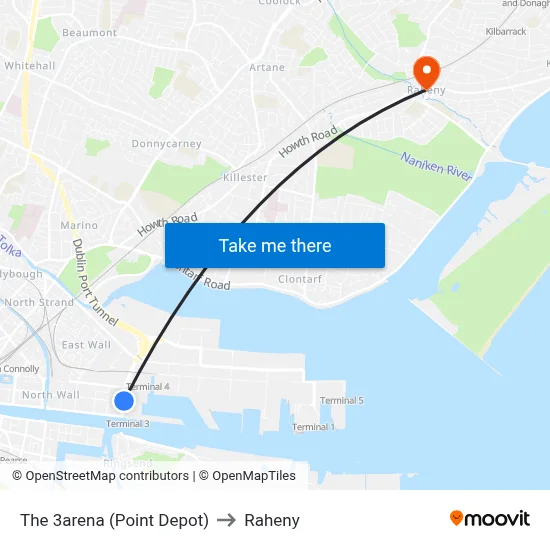 The 3arena (Point Depot) to Raheny map