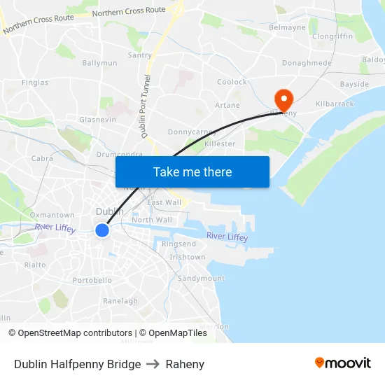 Dublin Halfpenny Bridge to Raheny map