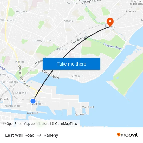 East Wall Road to Raheny map