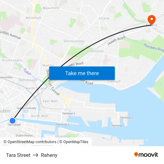 Tara Street to Raheny map