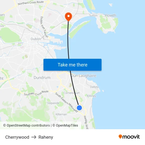 Cherrywood to Raheny map