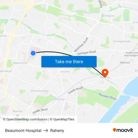 Beaumont Hospital to Raheny map